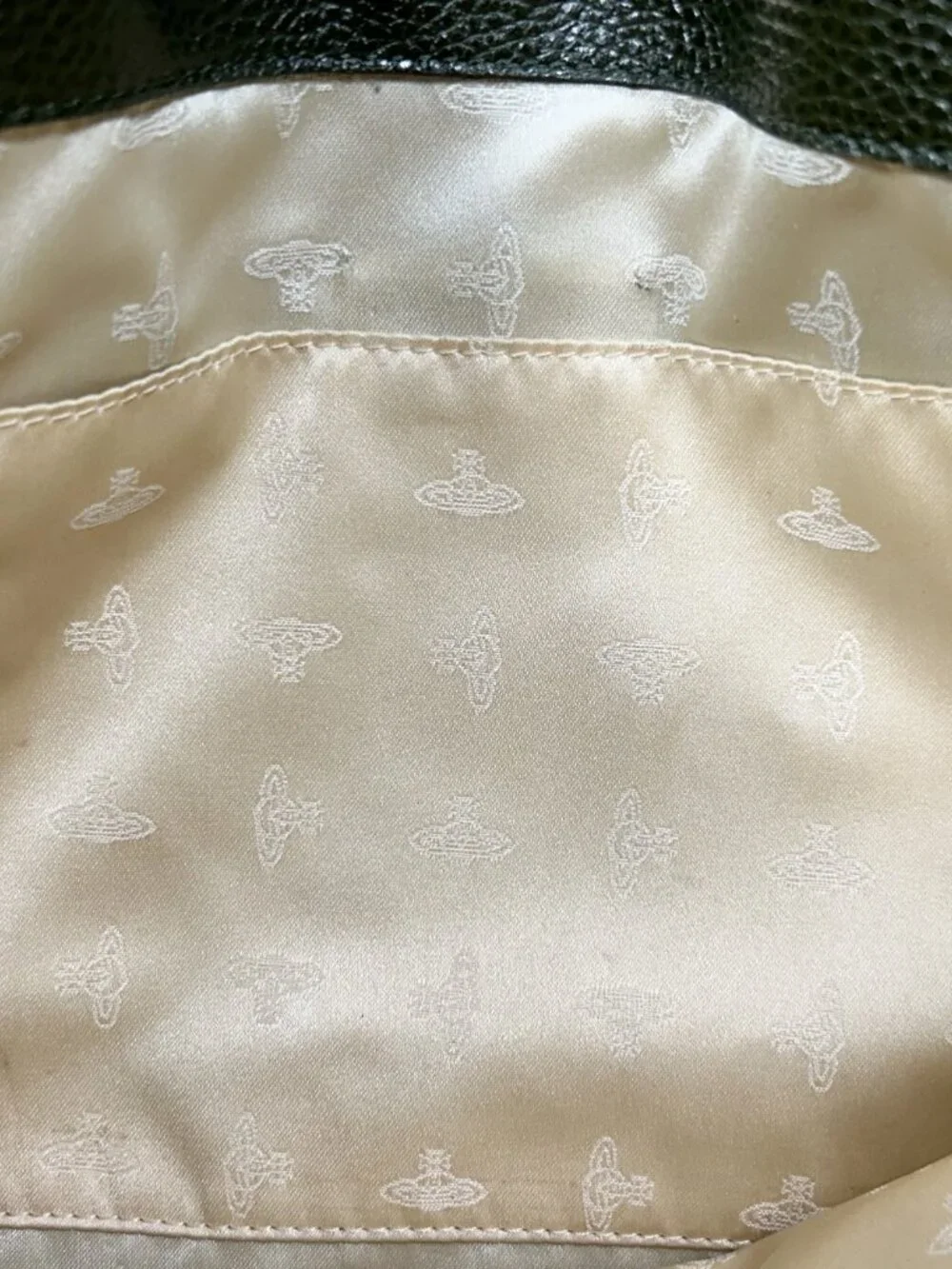 Vivienne Westwood Olive Patterned Tote with Dark Green Leather Trim